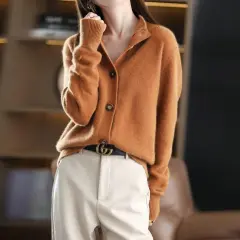 Stand Collar Women's Cardigan Knitted Sweater Loose Long Sleeve - Tan - View 1