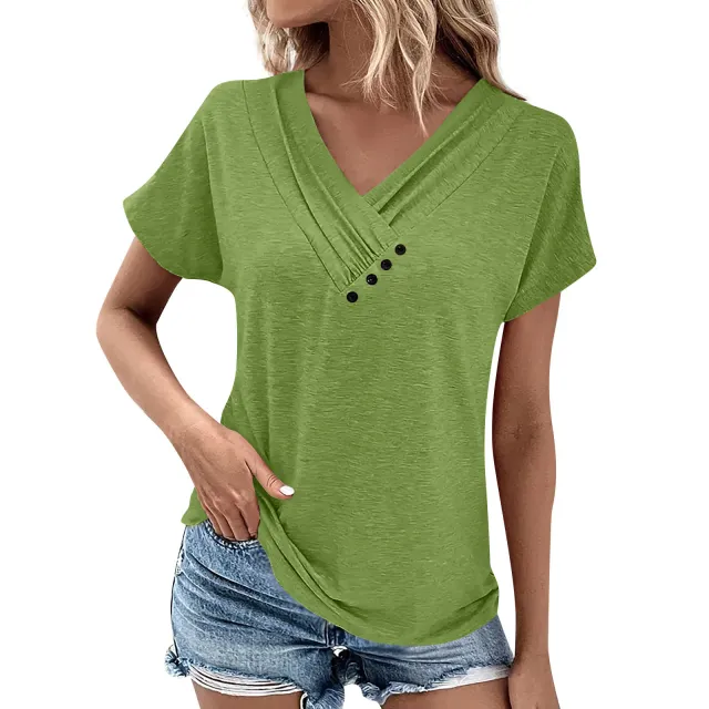 Women's Casual V neck Short sleeved T shirt Pleated Solid Color Buttons Top Green - Shop at LoveMi