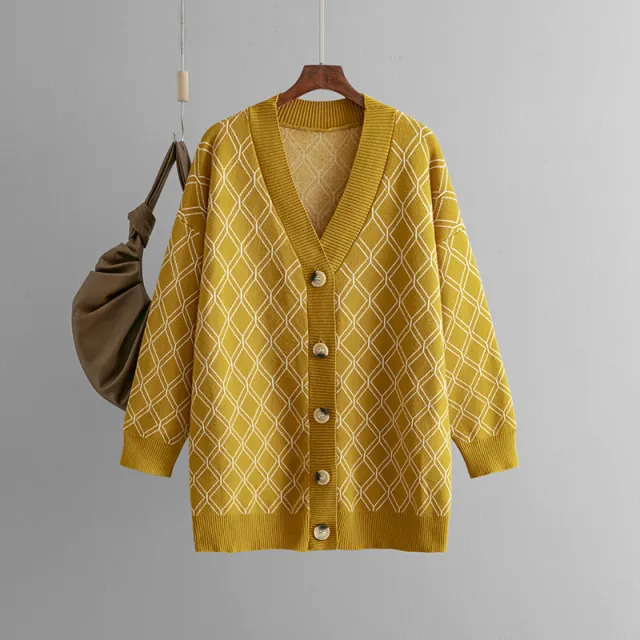 V neck Cardigan Sweater Casual Loose Diamond Plaid Sweater Coat Yellow - Shop at LoveMi
