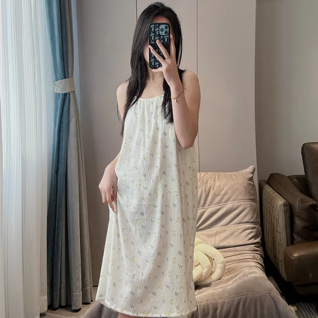 Women's Thin Plus Size Loose Slip Nightdress With Chest Pad Yellow Flower And Leaf - Shop at LoveMi