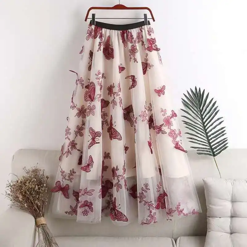 Embroidered Bow Lace Mesh Skirt Women's Mid-length - Red