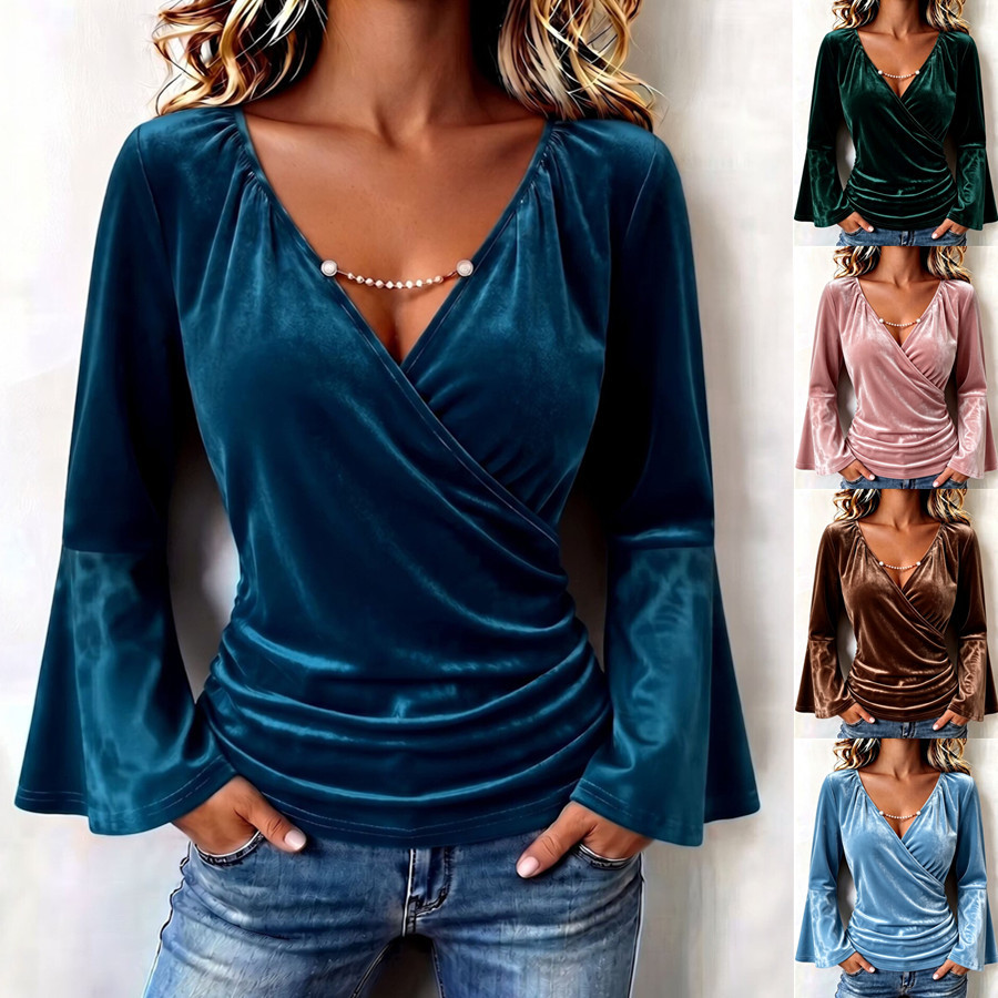 Velvet V-neck Shirt Casual Top For Women