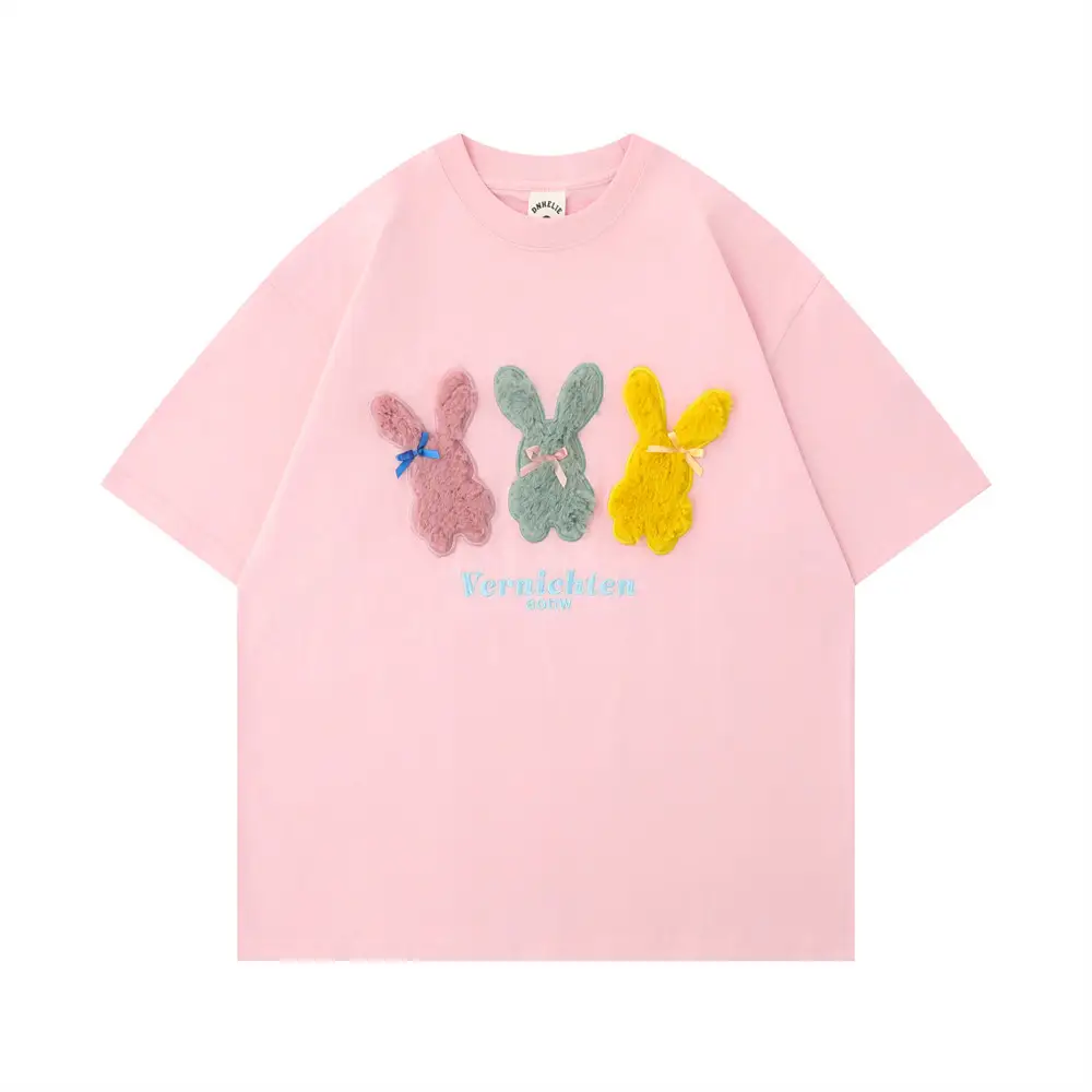 Cartoon Rabbit Flocking Embroidered Short Sleeve
