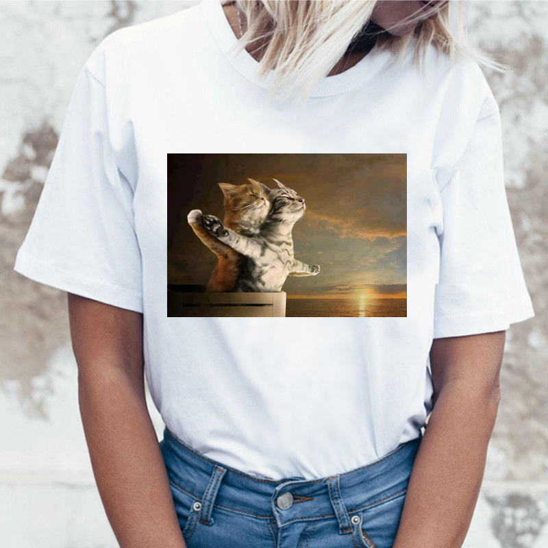 Spoof Cat Titanic Funny Van Gogh Impression Painting Printed T-shirt Unisex Couple T-shirt Street