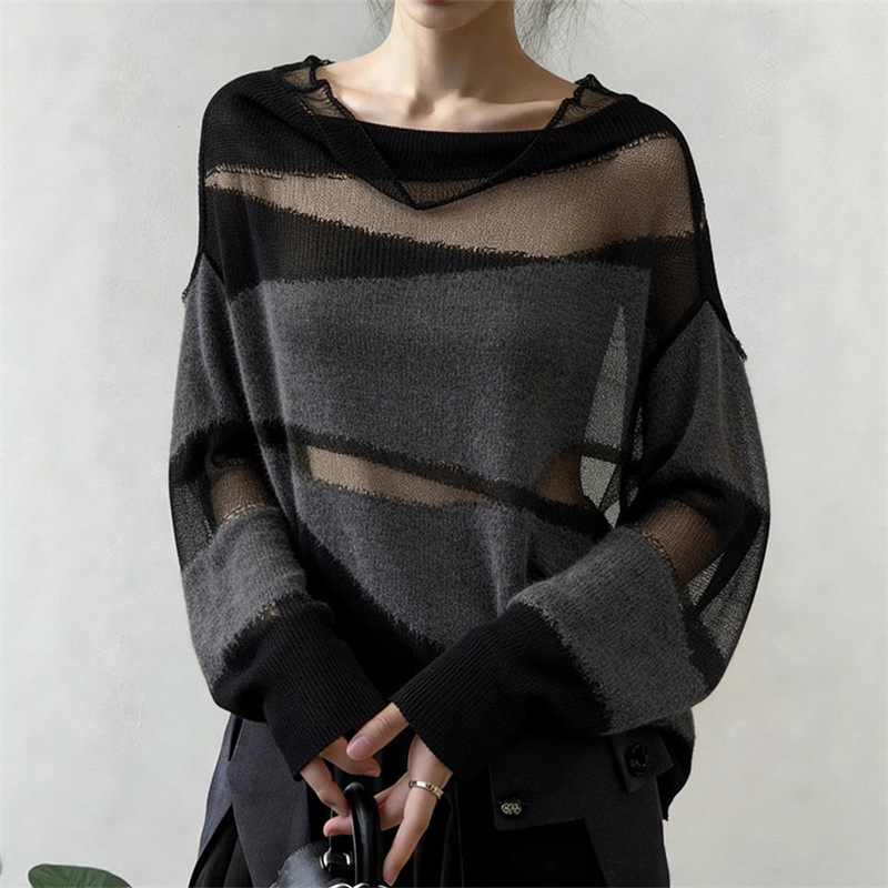 Korean-style Mesh-panel Design Relaxed-fit Blouse Long-sleeve Knit Top