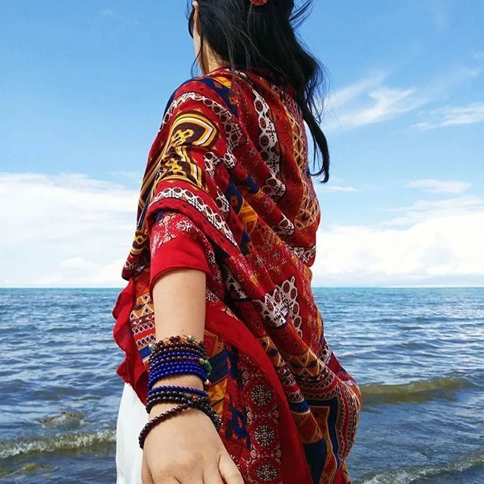 Ethnic Style Cotton And Linen Scarf Seaside Travel Oversized Beach Towel - Artistic Retro Wine Red