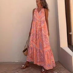 Women's Wear Printed Halter Sleeveless V-neck Dress - Orange - View 1
