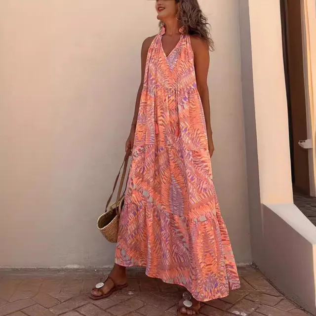 Women's Wear Printed Halter Sleeveless V neck Dress Orange - Shop at LoveMi
