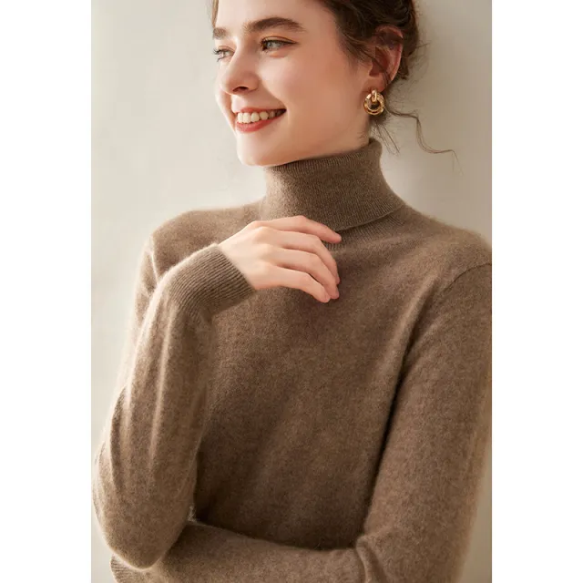 Women's Solid Color Pullover Cashmere Turtleneck Knitting Bottoming Shirt Purple Velvet Camel - Shop at LoveMi