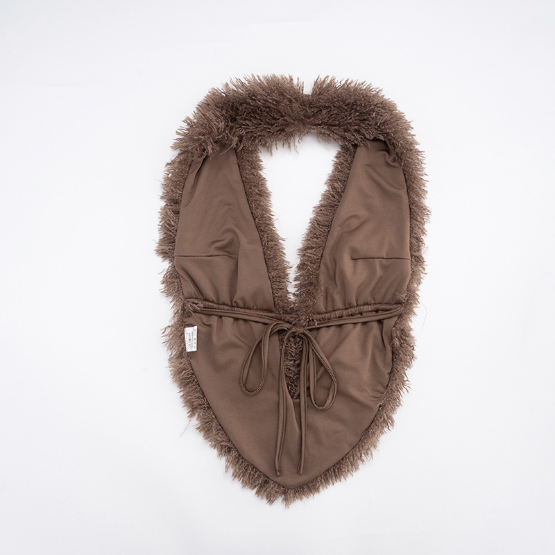 Fuzzy Collar Brown Patchwork Skirt Set for Autumn Winter Fuzzy Collar Brown Patchwork Skirt Set for Autumn Winter