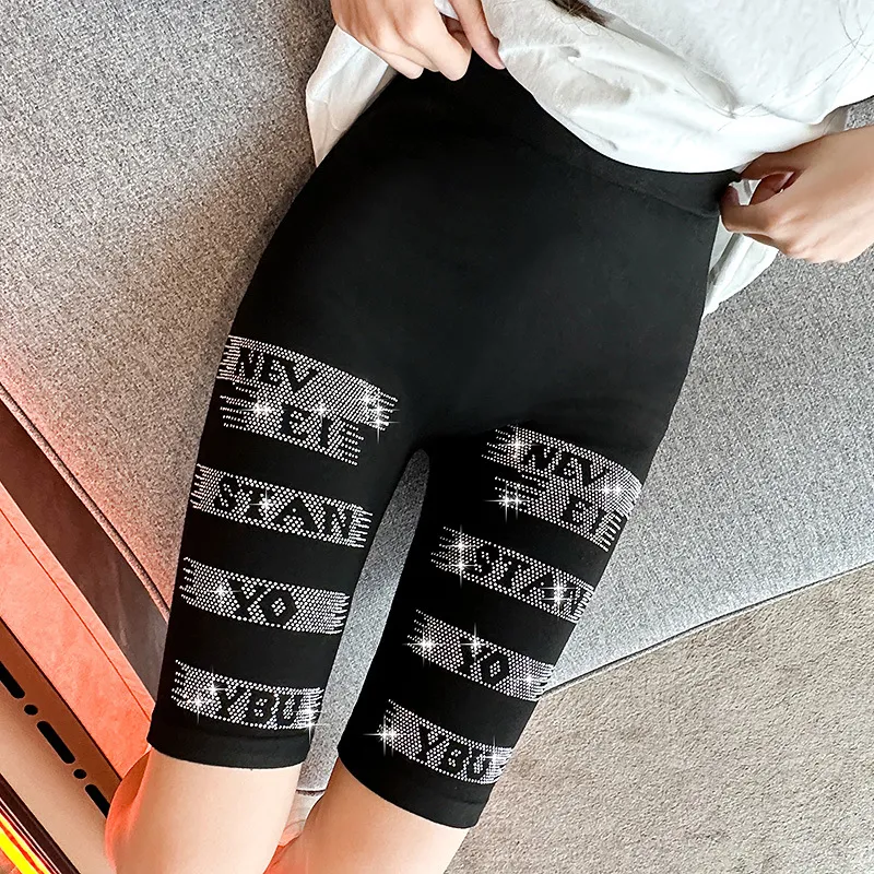 Women's Fashionable Simple Rhinestone Tight Five-point Leggings - Four Bars Nev-Average Size
