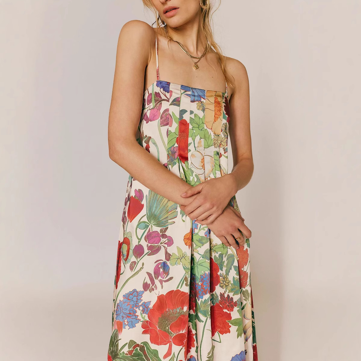 Strap-printed High-waist Belt A-line Dress