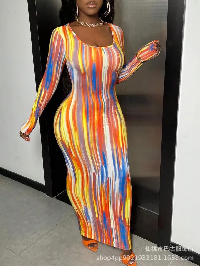 Printing Temperament Commute Long Sleeve Dress Foreign Trade Gold - Shop at LoveMi