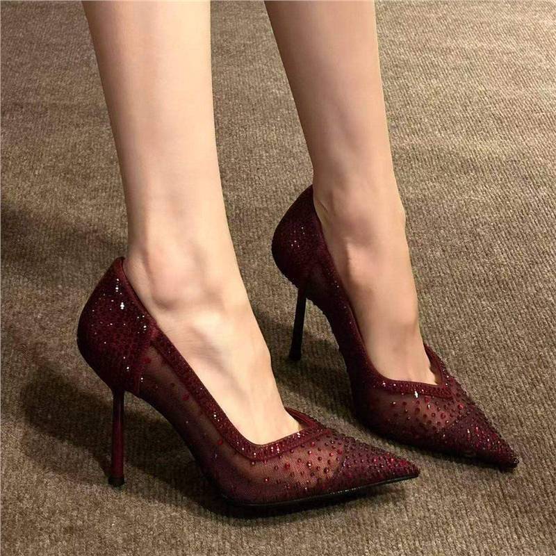 Mesh Rhinestone Pointed-toe Stiletto Heels