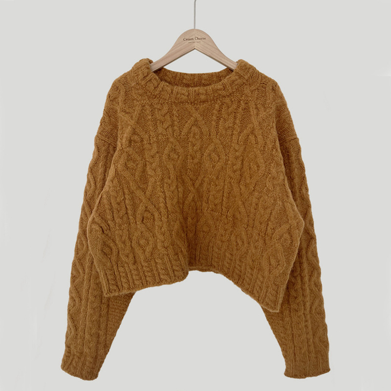 Retro Twist Round Neck Warm Cashmere like Blended Pullover Orange - Shop at LoveMi