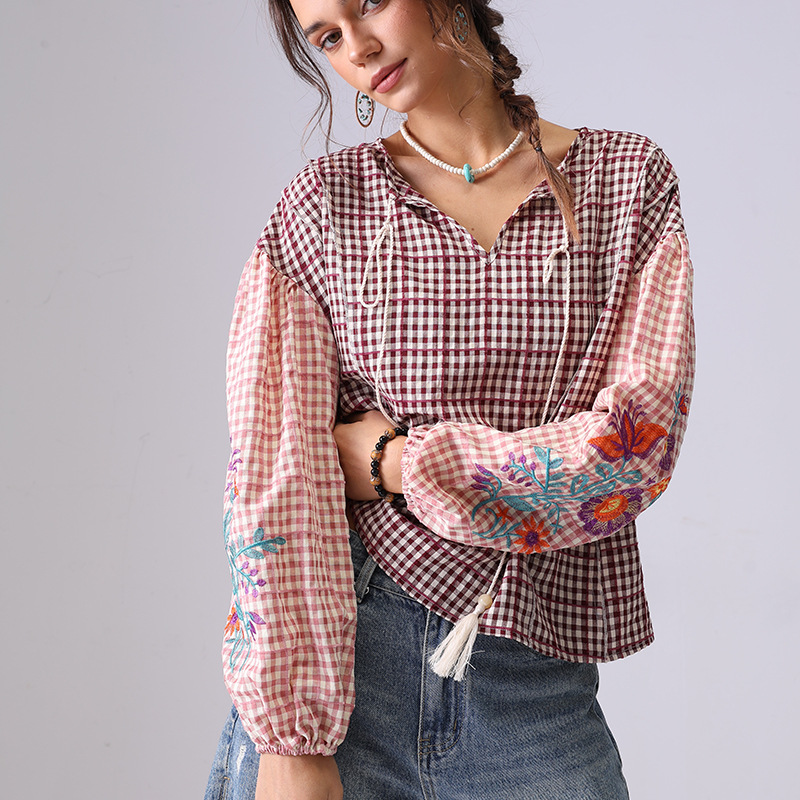 French Minority Women's Puff Sleeve Patchwork Top