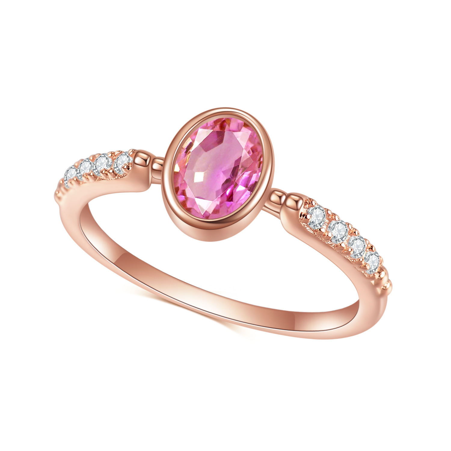 S925 Sterling Silver Inlaid Gemstone Pink Corundum Rose Gold Ring