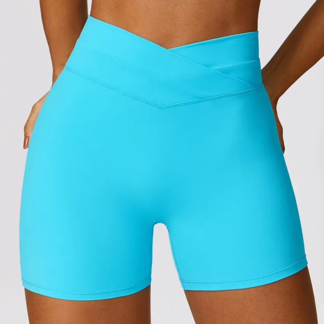 Skinny Hip Raise Yoga Shorts Brushed Cross High waisted Trousers Blue - Shop at LoveMi