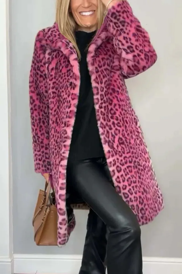 Fall Winter Leopard Print Plush Mid length Coat Pink - Shop at LoveMi