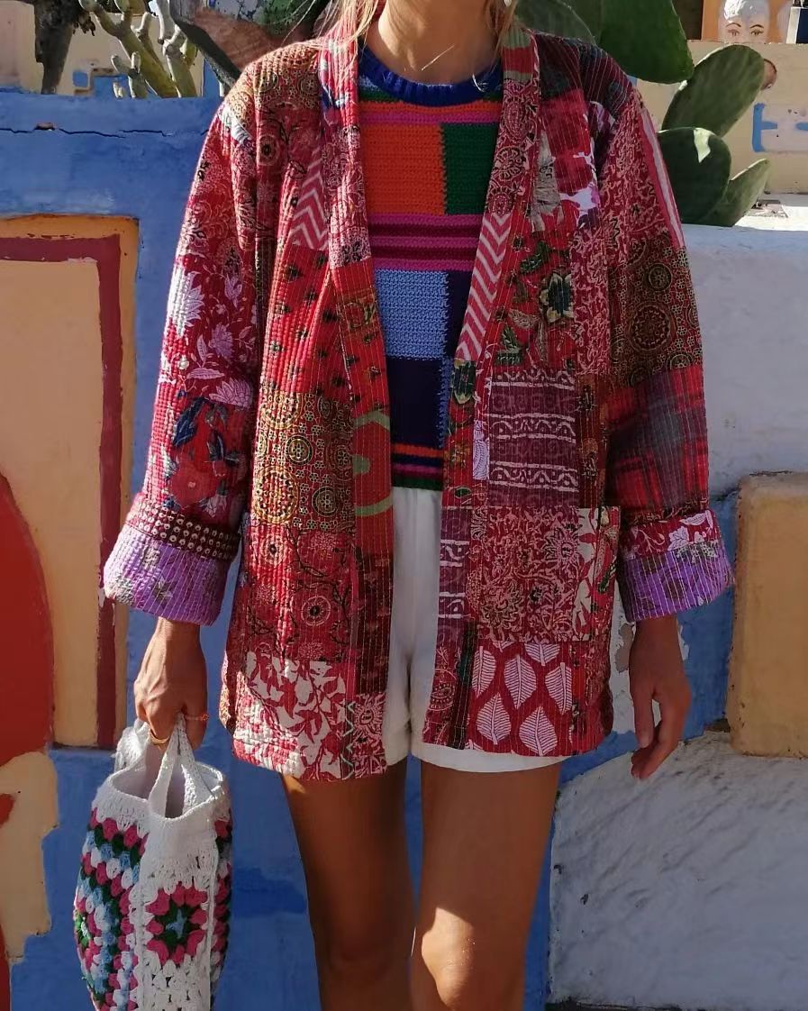 European And American Printed Fashionable All-matching Cardigan Lace-up Woolen Thick Coat