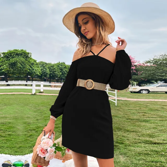 Loose Casual Off shoulder Sleeveless Long Sleeve Dress Black - Shop at LoveMi