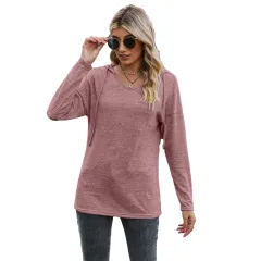 Solid Color And V-neck Hooded Long-sleeved Casual Bottoming T-shirt - Pink - View 1