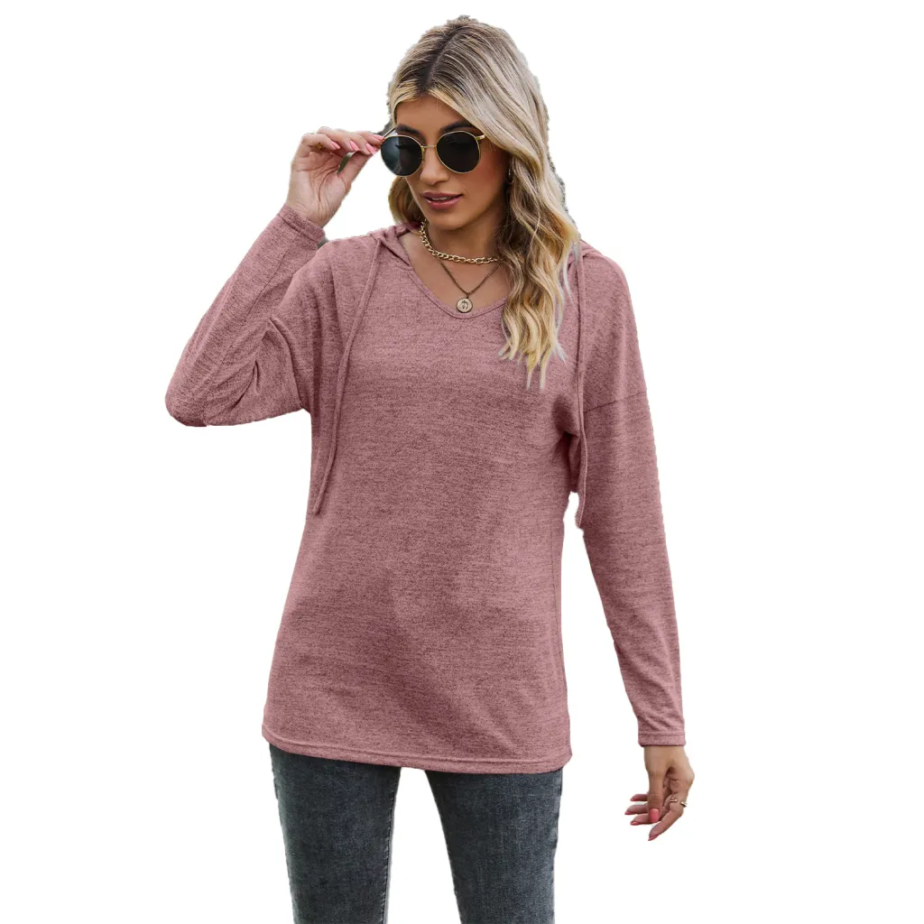 Solid Color And V-neck Hooded Long-sleeved Casual Bottoming T-shirt - Pink