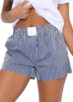 Fashion Loose Comfortable Striped Shorts With Pockets For Women - Dark Blue - View 1