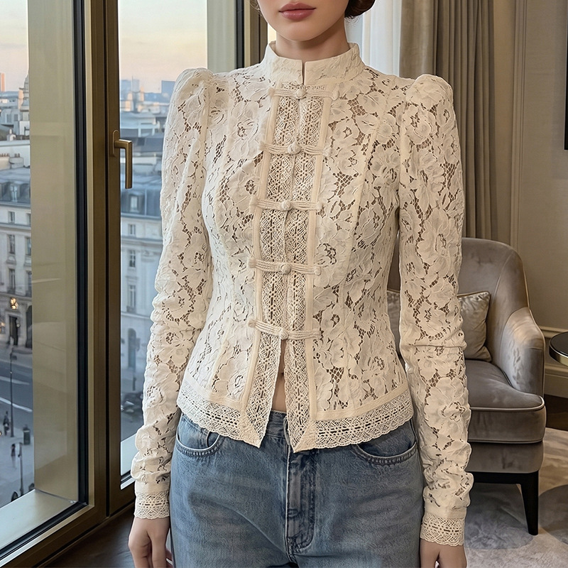Lace Crochet Stand-Collar Slim-Fit Shirt