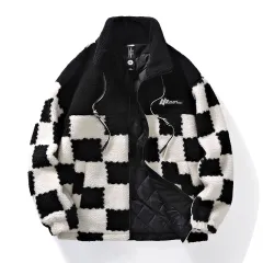 Plaid Lamb Wool Coat For Men And Women In Winter - Black - View 1