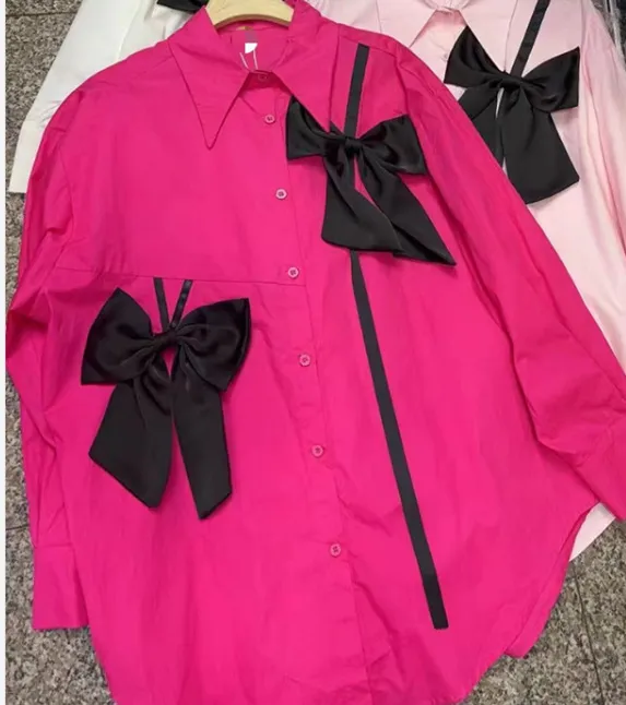 French Style Three dimensional Bow Long Sleeve Shirt Rose Red - Shop at LoveMi