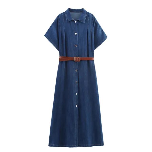 European And American With Belt Denim Short Sleeve Dress - Shop at LoveMi