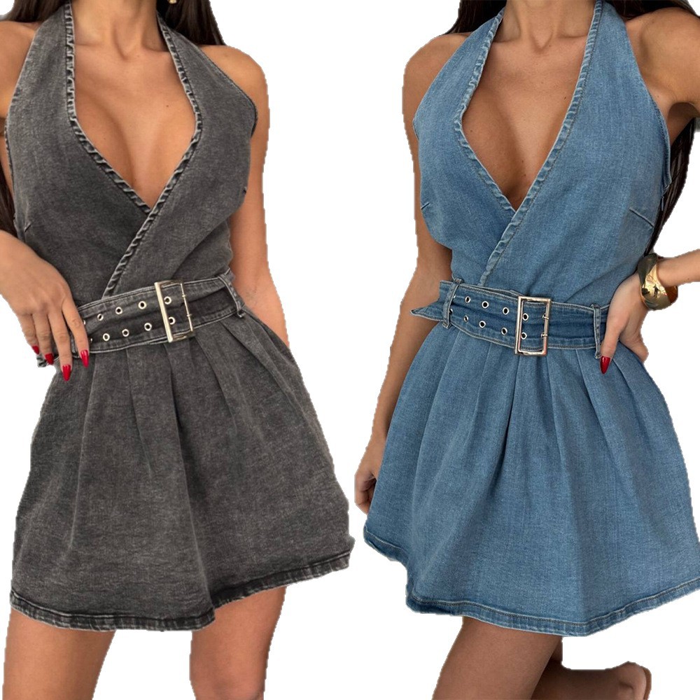 Belt Hanging Collar Backless Denim Dress