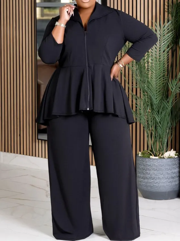 Fashion Commuter Long Sleeve Lapel Zipper Top Wide Leg Pants Solid Color Suit Black - Shop at LoveMi