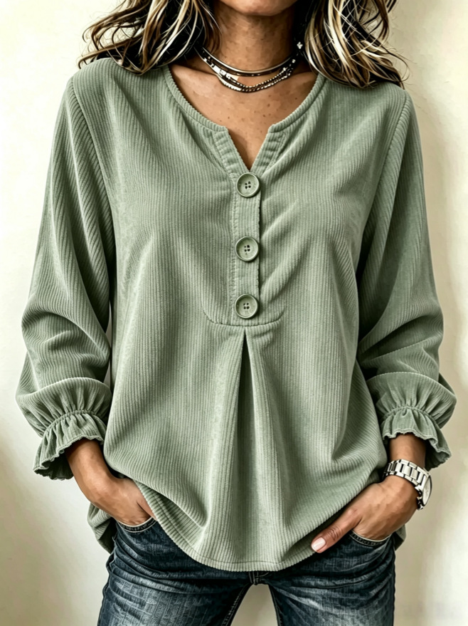 Women's corduroy patchwork blouse – full outfit view showing length and fit