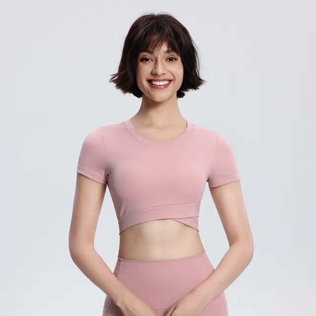 Women's Yoga Short Double layer Hem With Chest Pad Sports Running Tight Round Neck Top Lotus Pink - Shop at LoveMi