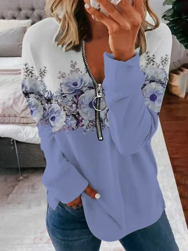 Flower Print Pullover Round Neck Zipper Sweater Purple - Shop at LoveMi