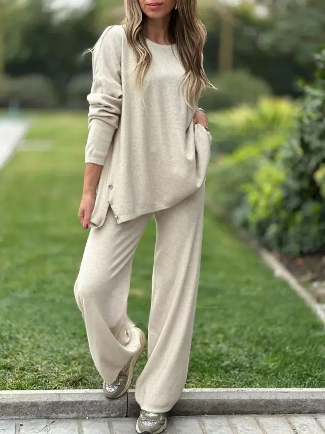 Solid Color Split Casual Wide leg Pants Round Neck Long Sleeve Beige - Shop at LoveMi