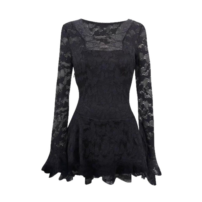 Sensual And Sassy Black Lace Slimming Short Dress With Long Sleeves - Image 4