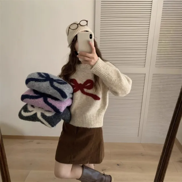 Women's All match Loose Round Neck Bowknot Sweater Apricot - Shop at LoveMi