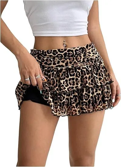 Multi layer Stacked Short Skirt Fashion Lace Leopard Print - Shop at LoveMi