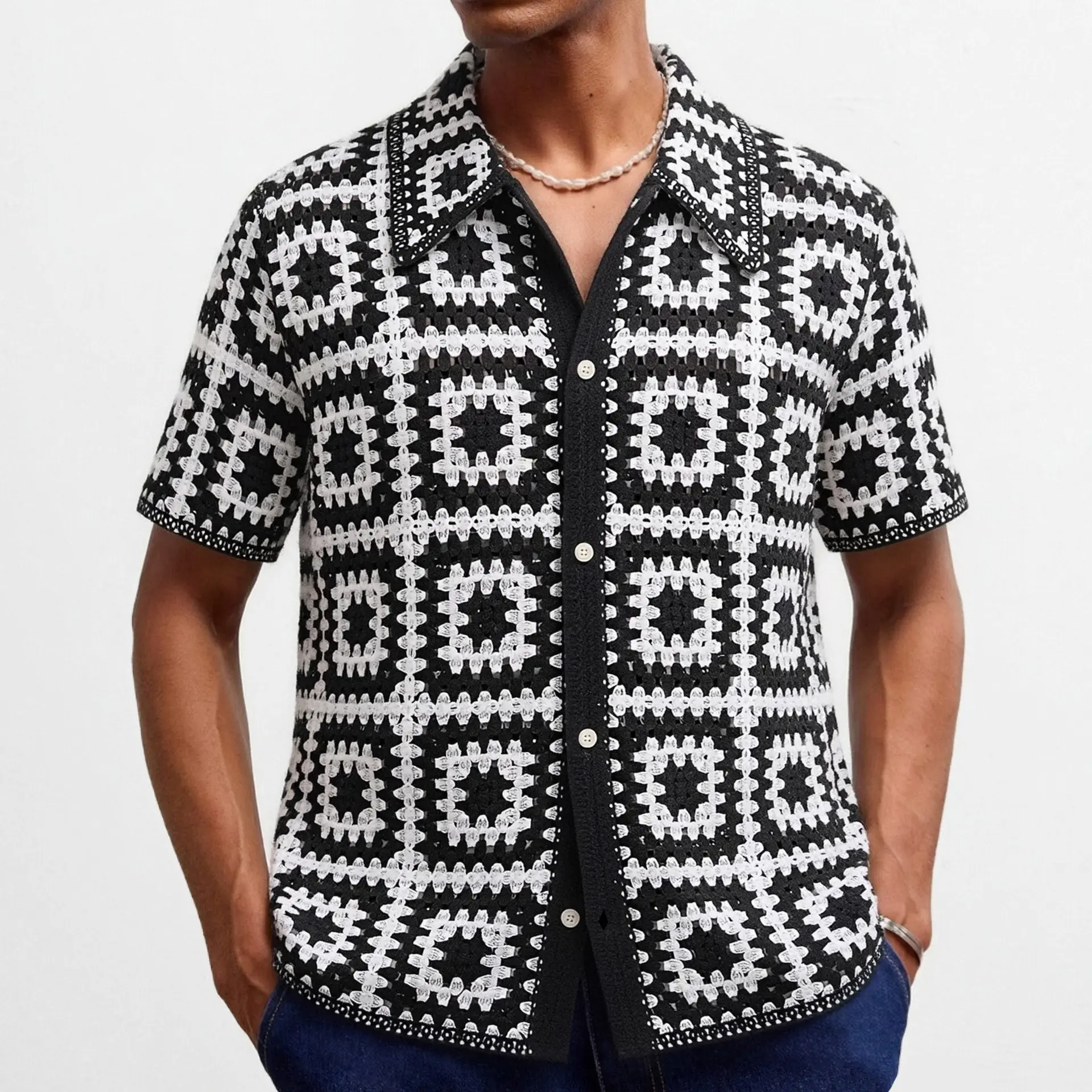 Black And White Checkered Crochet Short-sleeve Lapel