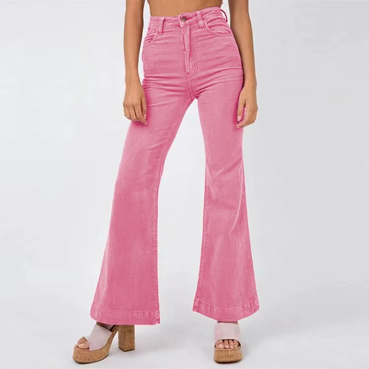 Fashion New Corduroy Bell-bottom Pants Wide Leg Pants Women Street Solid Color Casual - Pink