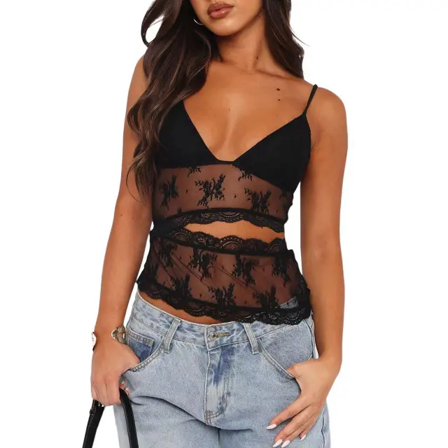 Lace Stitched Backless Small Sling Women V Neck Tank Top Underwear Vest Candy Color Bralette Clothes Black - Shop at LoveMi
