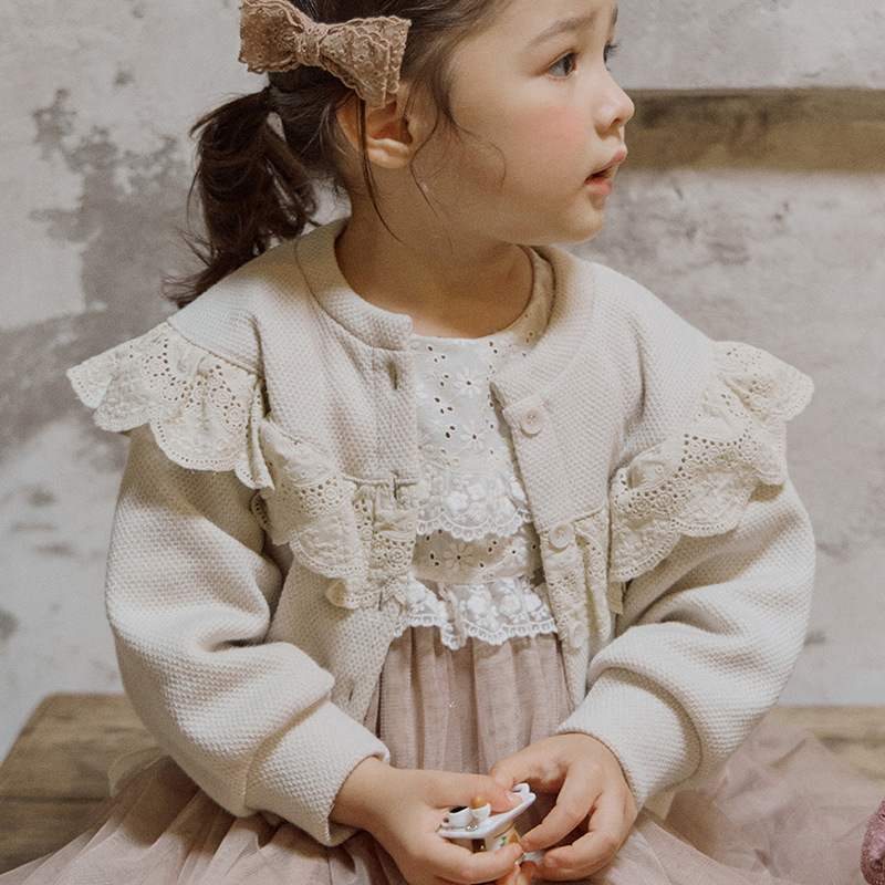 Children's And Girls' Stylish Lace Round Neck Cardigan