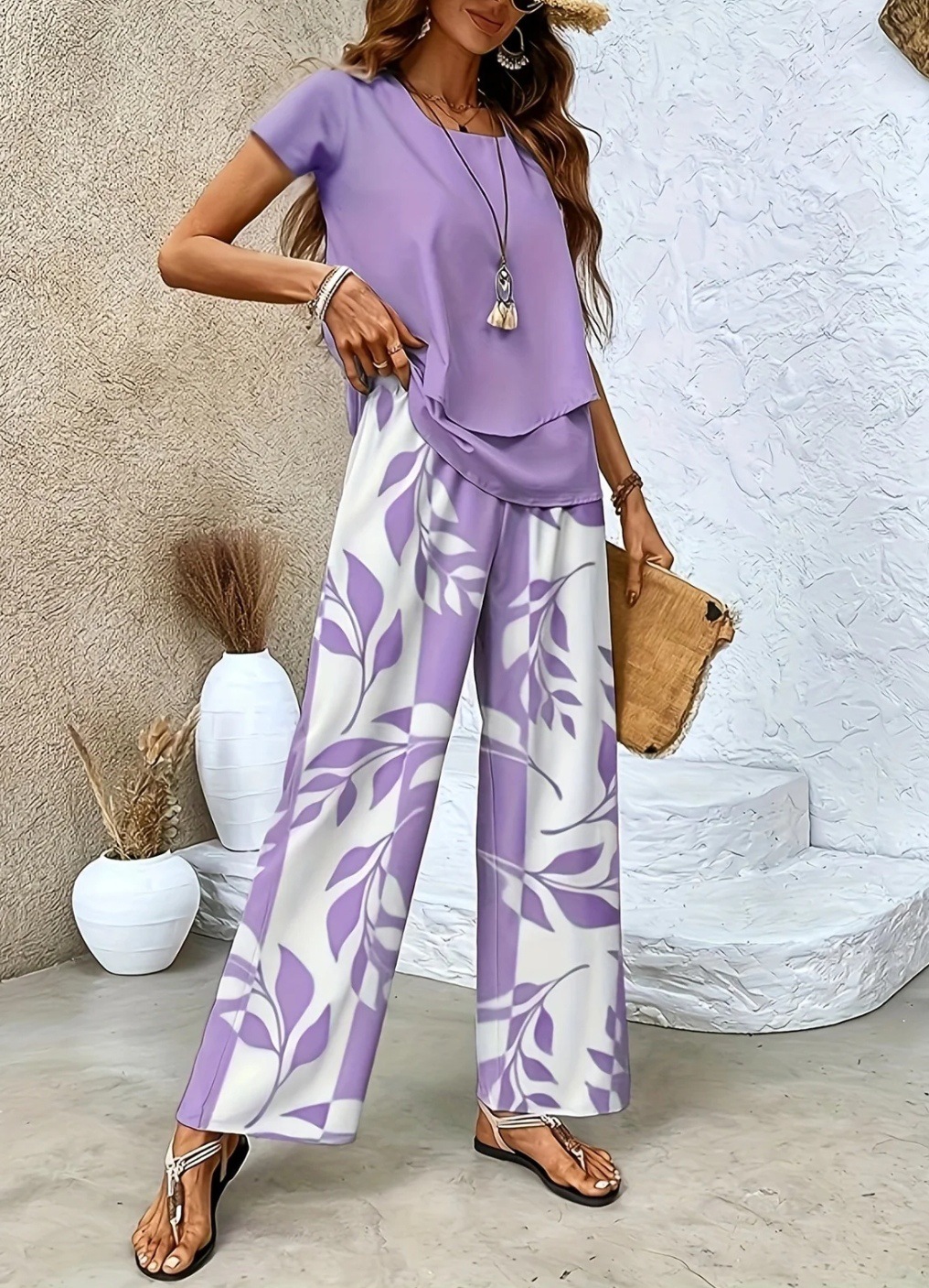 Fashionable Casual Short-sleeve Top And Wide-leg Pants Set