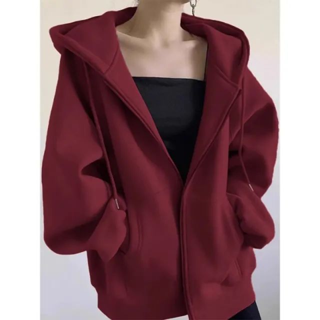 Maillard Vintage Zipper Hooded Sweater For Women Spring And Autumn Red Thin - Shop at LoveMi
