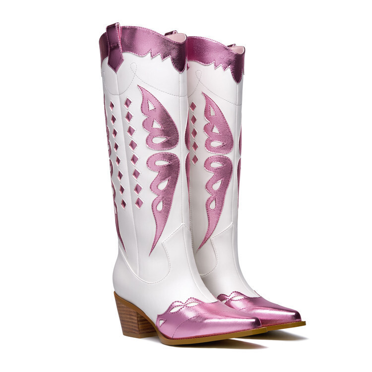 Chunky-heeled Pointed-toe Western Boot With Color-block Embroidery