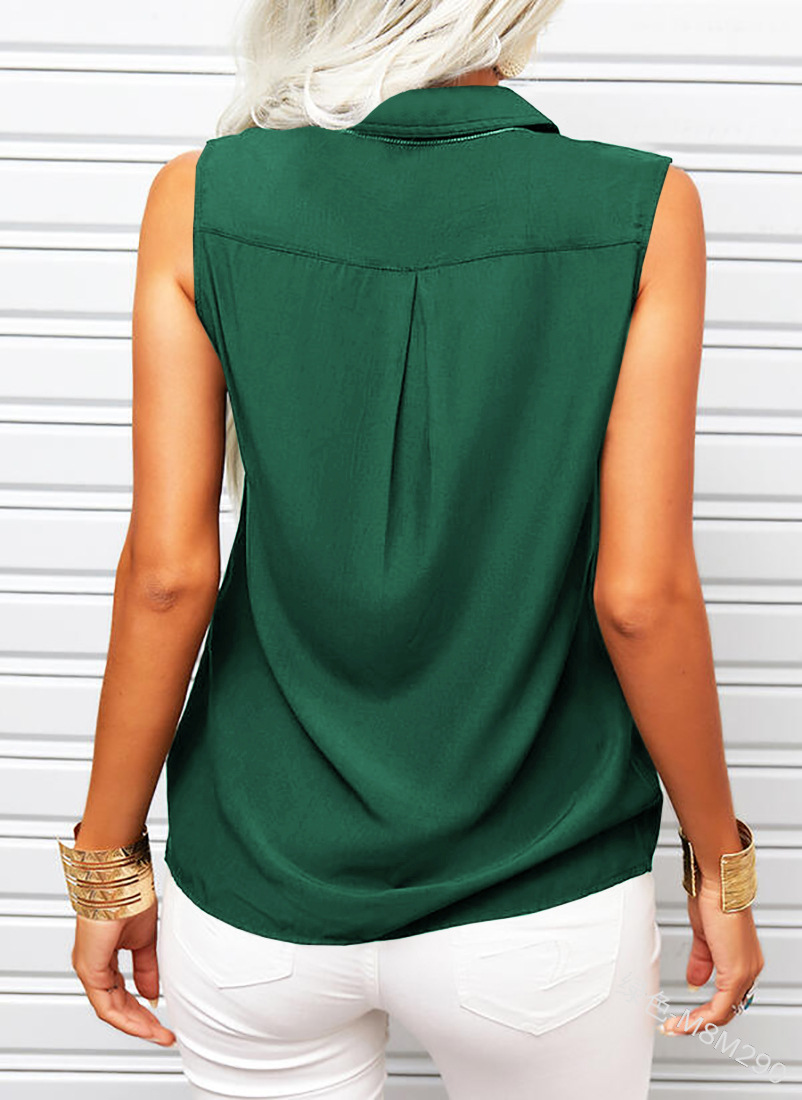 Women's lapel collar top in green – sleeveless loose fit with side pockets