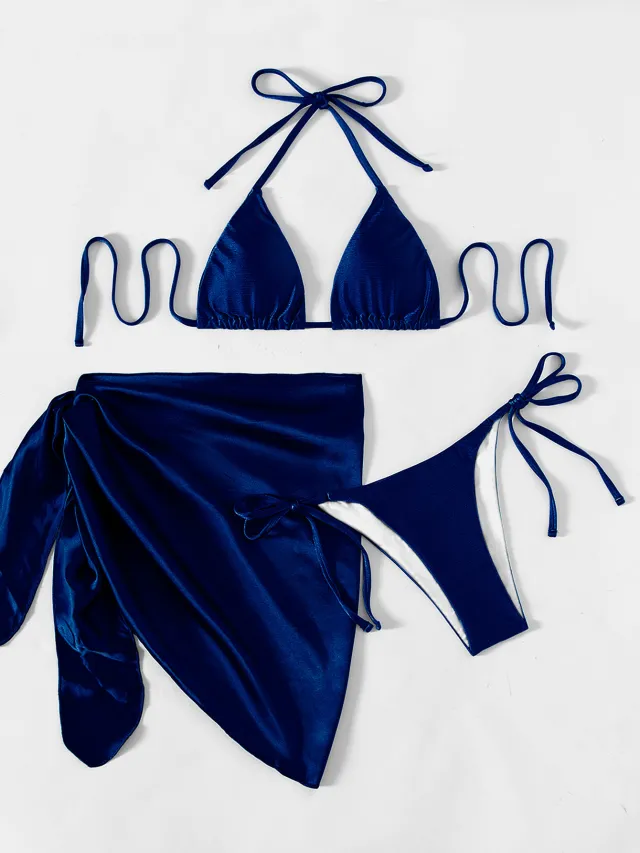 Satin Fabric Three piece Beach Bikini Navy - Shop at LoveMi